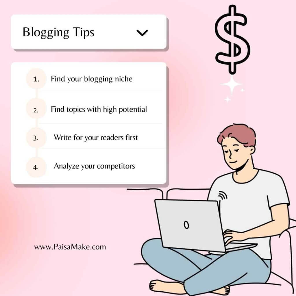 Written 5 Tips for blogging, and an drawing Animation of a Person Blogging and Using a Laptop