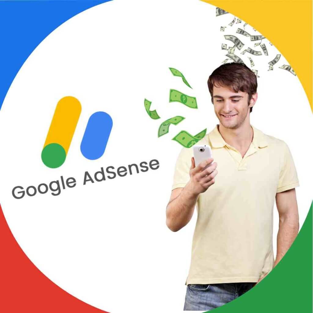 A man using a mobile phone with a Google Adsense logo and an animation of money raining
