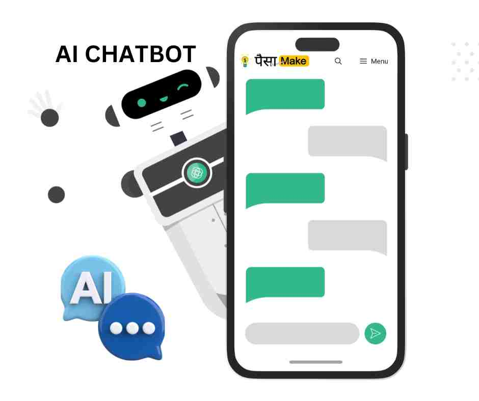 a animation, showing in image a mobile frame with chat with ai bot demo of AI Se Paise Kaise Kamaye