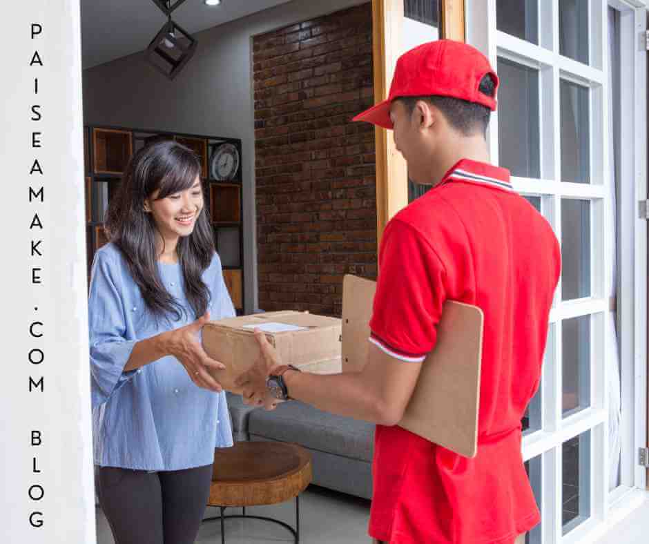 Demo of Student Paise Kaise Kamaye by becoming a delivery boy, a delivery boy is seen in red dress and a girl is receiving the parcel from him.