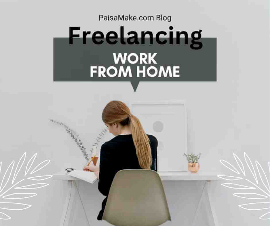 a women working in laptop from home sitting at chair show his back, showing text " freelnacing work from home"