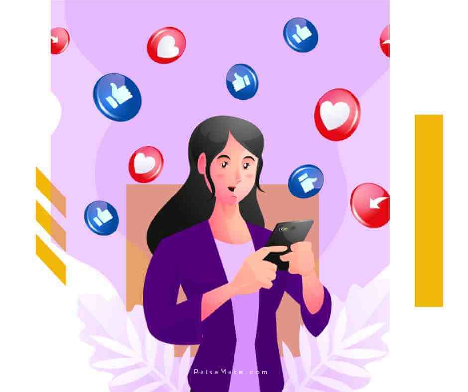 a animation image of a women using social media in mobile, herat and like button rain in the background