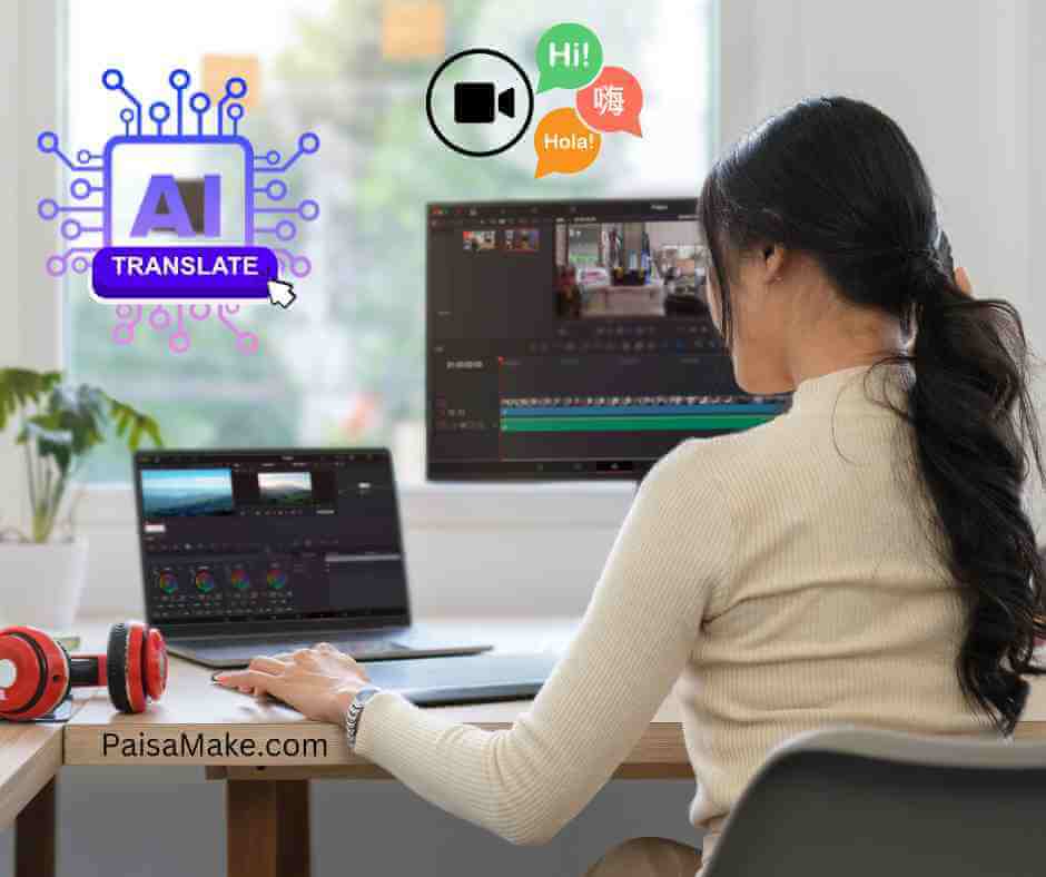 a woman sitting at chair edit video in one computer and one laptop, purpose of image student make money by AI video translation 